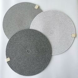 set of 3 cotton rope round grey placemats for dining, kitchen and coffee table, washable, heat resistant