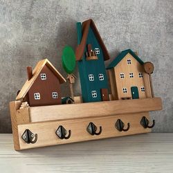 wooden wall key holder organizer with 3 houses street 5 hooks for entryway kitchen hallway office