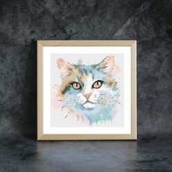 watercolor cat cross stitch pattern / 125x125st / cross stitch chart pdf, cross stitch pattern animal, x stitch pattern