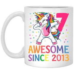 7 years old 7th birthday unicorn dabbing girl party white mug