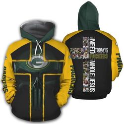 all i need today is little bit green bay packers and whole lots of jesus unisex 3d zip up hoodie jacket t-shirt