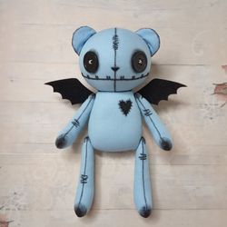 creepy cute stuffed bear with bat wings - handmade