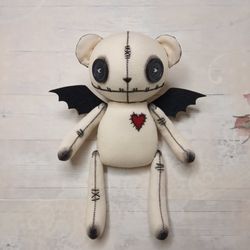 bear spooky cute doll with bat wings - handmade