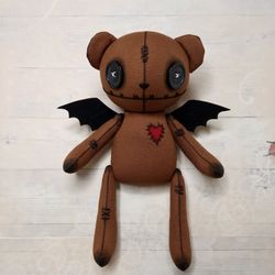 voodoo bear with bat wings - handmade doll