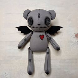 voodoo teddy bear with bat wings - handmade doll