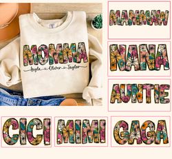 floral momma nana bundle png, flower glitter png, cici auntie gaga flower with kids names, mimi nana mawmaw floral, moth