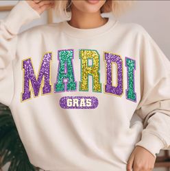 mardi gras embroidered png,mardi varsity faux sequin png,fleur de lis png,faux glitter fat tuesday png,mardi gras shirt