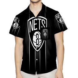 brooklyn nets ball black white stripped 3d all over print summer beach hawaiian shirt with pocket