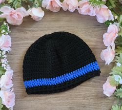 thin blue line beanie, police hat, crochet law enforcement beanie
