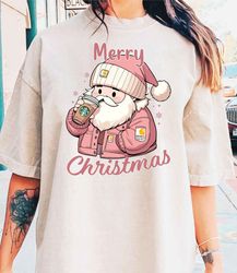 santa shirt, cute pink santa, pink santa shirt, pink christmas shirt, christmas retro christmas shirt, santa coffee