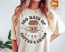 100 days of school coffee shirt, 100 days of coffee and chaos shirt, retro 100 days of school teacher shirt