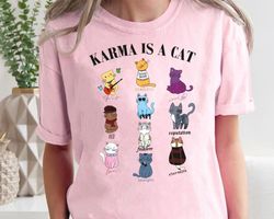 karma is a cat shirt, taylor eras cat lover t-shirt, swiftie cat tee midnights cat t-shirt, merch outfit, eras shirt