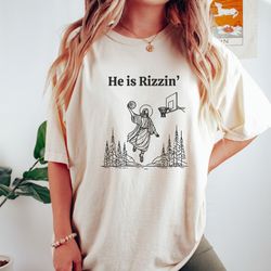 he is risen funny easter shirt of jesus playing basketball, retro christian faith religious graphic tee, weirdcore