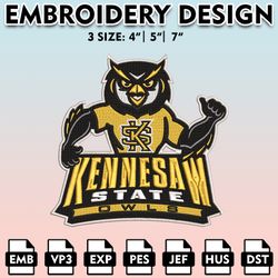 kennesaw state owls embroidery files, embroidery designs, ncaa embroidery files, digital download