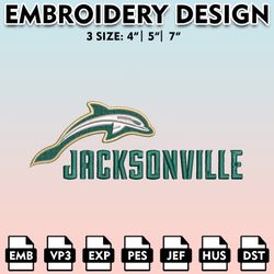 jacksonville dolphins embroidery files, embroidery designs, ncaa embroidery files, digital download.