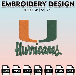 miami hurricanes embroidery files, embroidery designs, ncaa embroidery files, digital download.
