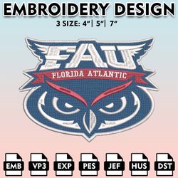 florida atlantic owls embroidery files, embroidery designs, ncaa embroidery files, digital download