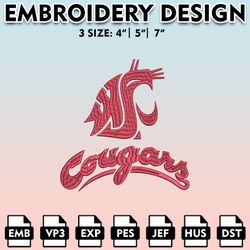 washington state cougars embroidery files, embroidery designs, ncaa embroidery files, digital download.