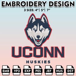 ncaa uconn huskies embroidery file, 3 sizes, 6 formats, ncaa machine embroidery design, ncaa logo, ncaa teams