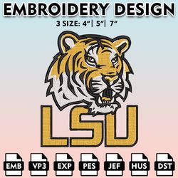 ncaa lsu tigers embroidery file, 3 sizes, 6 formats, ncaa machine embroidery design, ncaa logo, ncaa teams
