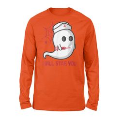 nurse spooky ghost i will stab you funny nursing halloween long sleeve t-shirt