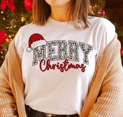 merry christmas leopard shirt, merry christmas varsity with santa hat shirt, christmas season shirt, christmas shirt