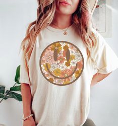 smiling flower shirt, vintage smiley face trendy graphic shirt, boho, comfy sleep shirt for women, birthday gift