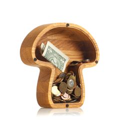 wooden mushroom piggy bank money saving cash box, mushroom nursery decor wood, custom engraved coin bank for boys girls
