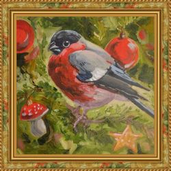 bullfinch painting original oil art forest bird painting