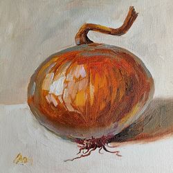 onion painting original oil art still life 6 by 6 inches