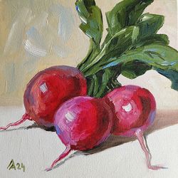 red radish painting original oil art still life 6 by 6 inche