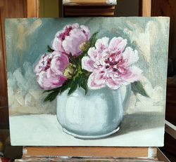 peonies painting original oil art stretched canvas pink flowers artwork 8" x 10"