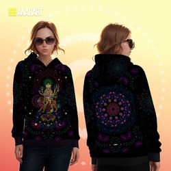 trippy hoodie festival wear blacklight hoodie full print hoodie "durga" unisex mandala print