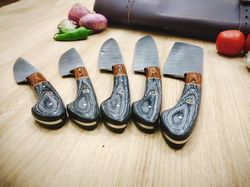 handmade damascus chef set - 5 pcs, wooden handle, sheath cover - ideal kitchen gift for anniversary, groomsmen.