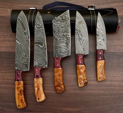 exquisite hand forged damascus chef's knife set - 05 kitchen & bbq knives with free leather sheet - perfect cooking gift