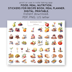 digital food stickers for meal planners, recipe books, food diary, scrapbooks. nutrition stickers. food-themed stickers