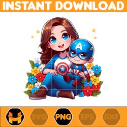 captain america png, mom and boy superhero png, cartoon mother png, mother's day png, gift for mom png, mama design png