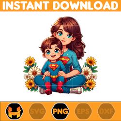 superman png, mom and boy superhero png, cartoon mother png, mother's day png, gift for mom png, mama design png