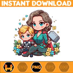 thor png, mom and boy superhero png, cartoon mother png, mother's day png, gift for mom png, mama design png