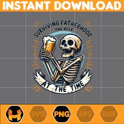 surviving fatherhood one beer at the time png, skeleton dad png, beer dad bod png, funny skeleton doing dad shit