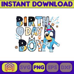 birthday boy blue dog clipart elements, bluey letters set, blue dog sublimation party, png, family matching png