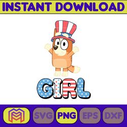 bluey bingo girl 4th of july png, cartoon 4th of july png, party in usa svg, bluey png, birthday, bluey family