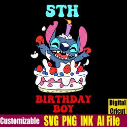 editable happy bithday 5th birthday stitch svg, birthday stitch pdf printable t-shirt for 5th birthday gift, png,cut