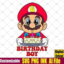 editable happy bithday 6th birthday mario svg, birthday super mario pdf printable t-shirt for 6th birthday gift, png,