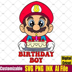 editable happy bithday 8th birthday mario svg, 8 birthday super mario pdf printable t-shirt for 8th birthday gift, png