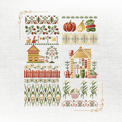 harvest haven: cross-stitch pattern featuring farmhouse and florals