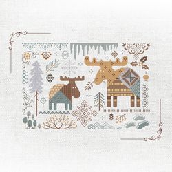 snowy wilderness moose needlework - rustic winter cross-stitch diy pattern