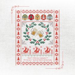 festive holiday humor: 'ugly sweater' cross-stitch pattern for reindeer revelry