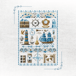 blue horizon: nautical cross stitch pattern, lighthouse, ship, anchor and compass