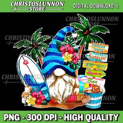 holiday beach gnome flower palm tree surf vacation gnomies png, summer beach gnomes sublimation, tropical vacation png